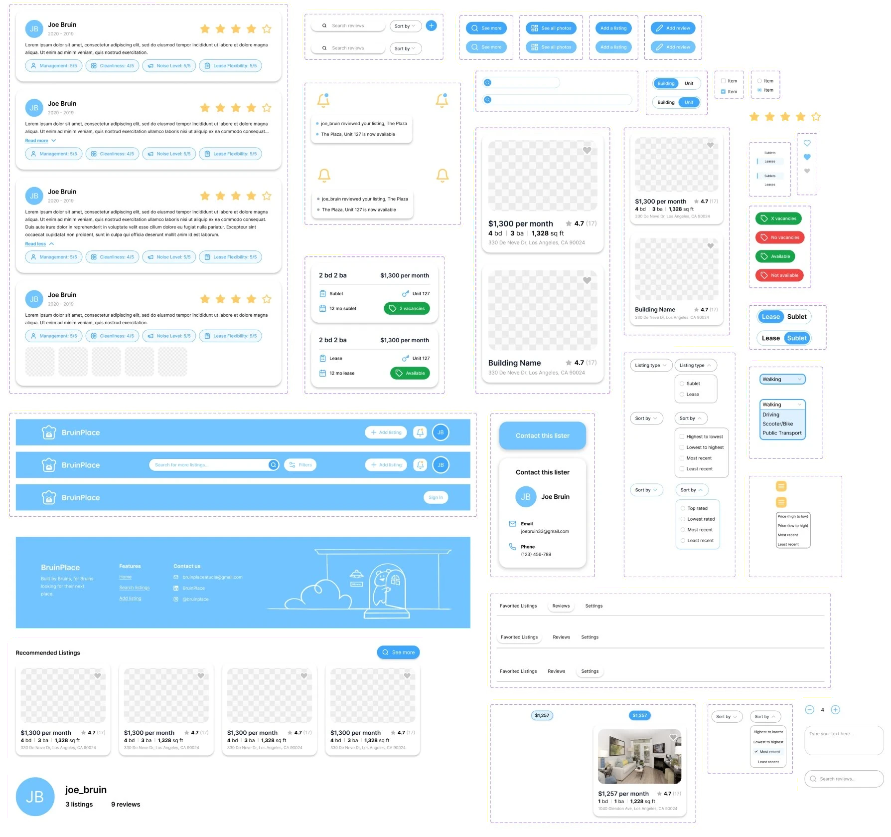 BruinPlace design system components: review cards, search and sort controls, buttons, notifications, unit cards, listing cards, toggles, dropdowns, headers, footer, and profile tabs