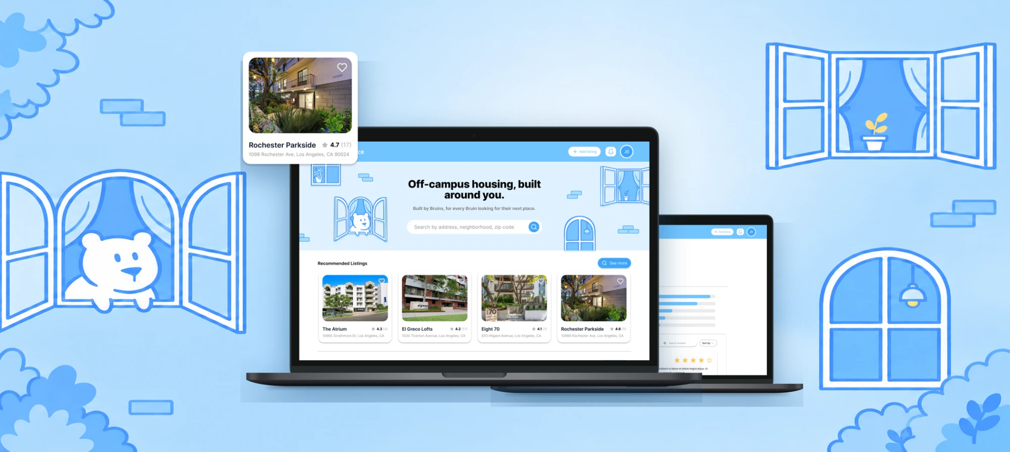 BruinPlace on two laptops, the home page reading “Off-campus housing, built around you.” with recommended listings, surrounded by illustrated windows and the bear mascot