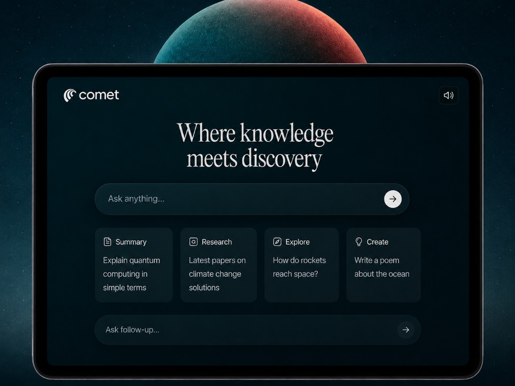Comet by Perplexity — tablet UI with search and feature cards