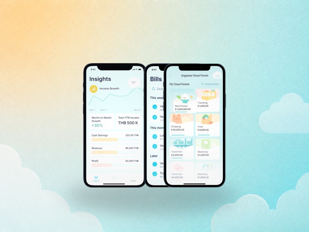 MAKE — three phones with Insights, Bills, and Organize Cloud Pocket on a pastel gradient with illustrated clouds