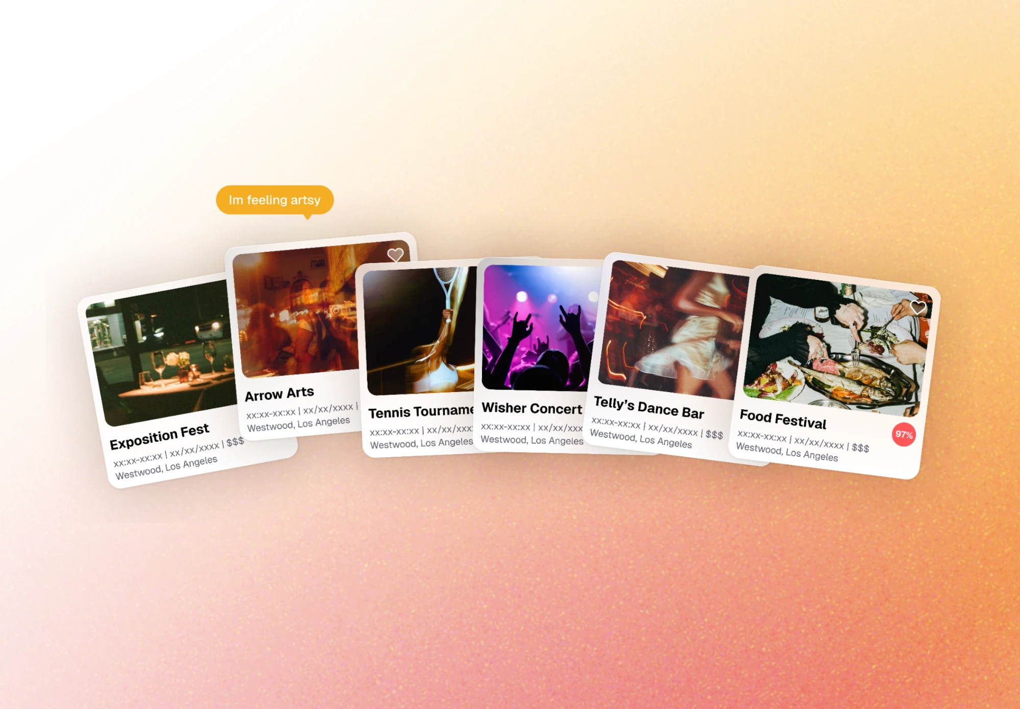 TappedIn event cards fanned out under an “Im feeling artsy” prompt, one showing a 97% match score