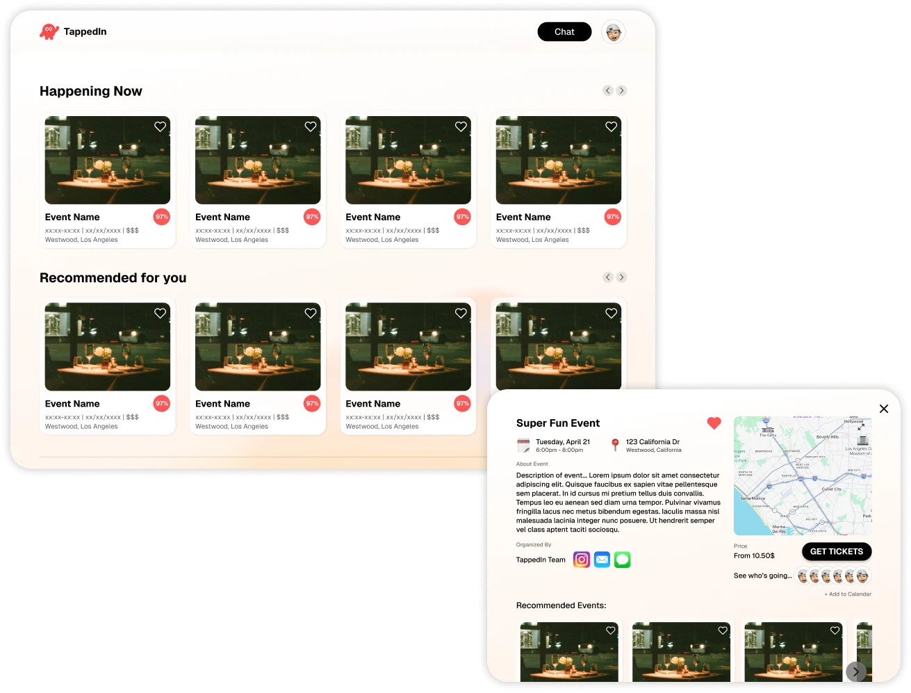 For You page with Happening Now and Recommended for you rows, and an event detail panel showing friends who are going