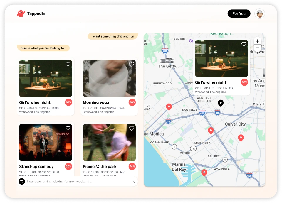 Results for “I want something chill and fun” as event cards with match scores, next to a map of west Los Angeles with event pins