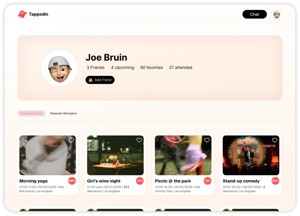 Profile page for Joe Bruin with friends, upcoming, favorites, and attended counts above a grid of favorited events
