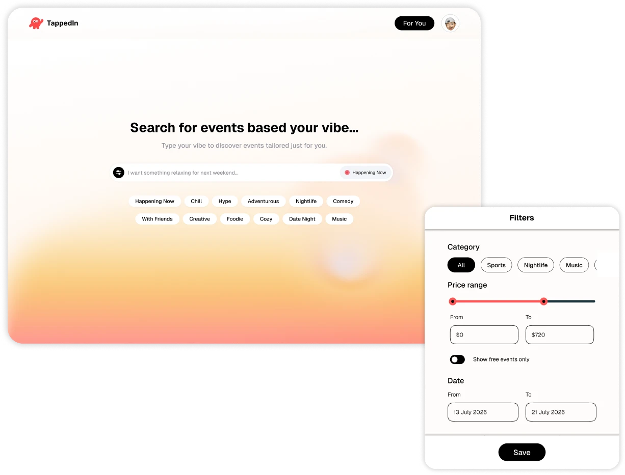 TappedIn search page reading “Search for events based your vibe…” with twelve mood prompts, beside a filters panel for category, price range, and dates