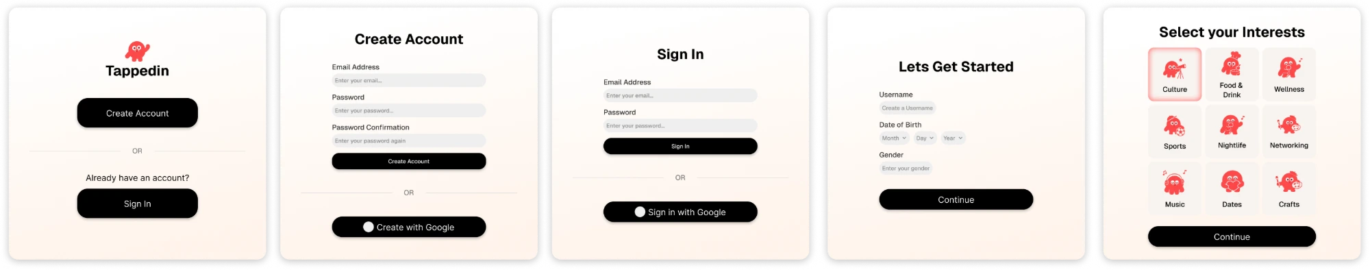 Onboarding screens: welcome, create account, sign in, username and birthday, and a grid for selecting interests